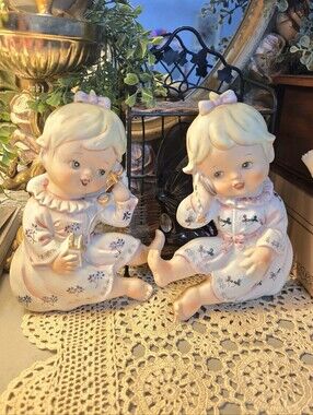 Vintage Ceramic Twin Girl Figurines in Soft Pastel Pink
